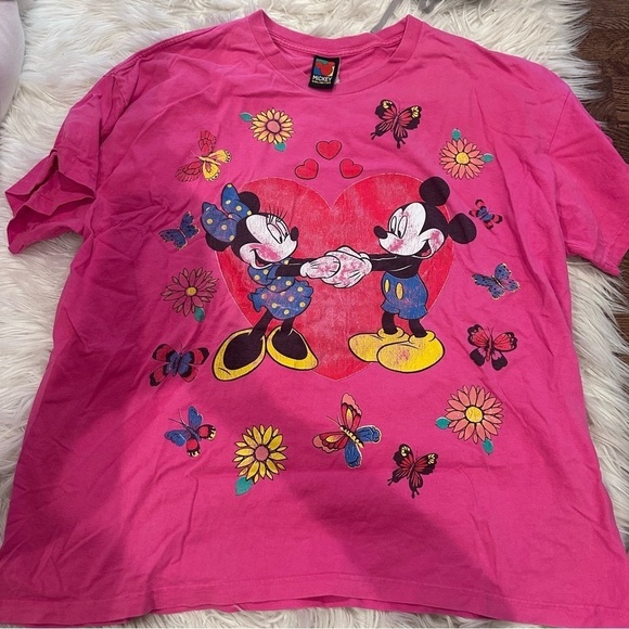 Disney Tops - Vtg 90s Mickey And Minnie Mouse Heart T-Shirt Fuchsia Pink